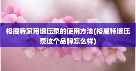 格威特家用增压泵的使用方法(格威特增压泵这个品牌怎么样)